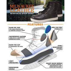 Milwaukee Leather MBM9002 Men's Black Leather Reinforced Street Biker Riding Shoes w/ Shift Protect | Ankle Support