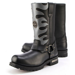 Milwaukee Leather MBM9067 Men's 'Flamed' 11-Inch Black Leather Harness Square Toe Motorcycle Boots