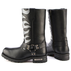 Milwaukee Leather MBM9067 Men's 'Flamed' 11-Inch Black Leather Harness Square Toe Motorcycle Boots