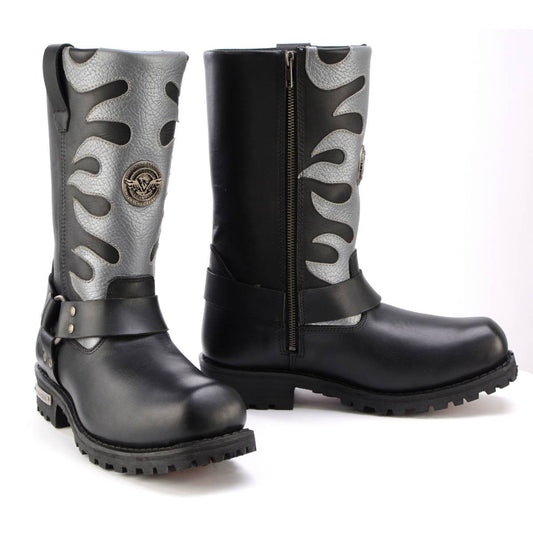 Milwaukee Leather MBM9067 Men's 'Flamed' 11-Inch Black Leather Harness Square Toe Motorcycle Boots