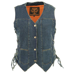 Milwaukee Leather MDL4020 Women's Classic Blue ‘6 Pocket’ Side Lace Denim Vest with Snap Buttons