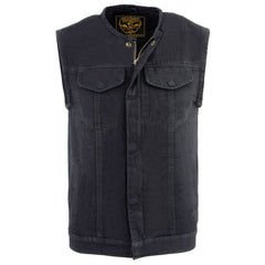 Milwaukee Leather MDM3001 Men's 'Covert' Black Denim Collarless Club Style Motorcycle Biker Vest w/ Dual Closure