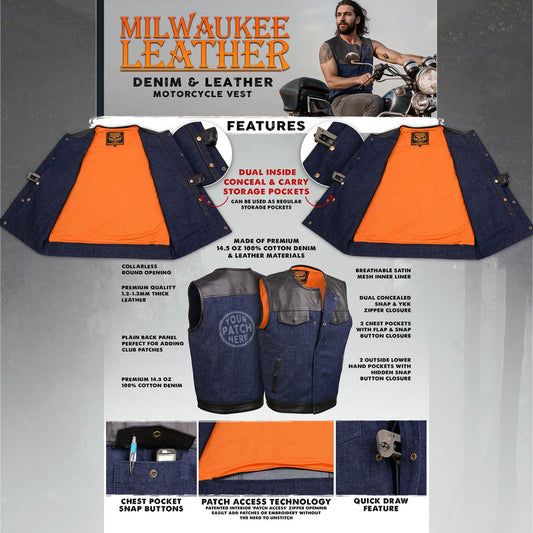 Milwaukee Leather MDM3004 Men's 'Brute' Concealed Snap Blue Denim and Black Leather Club Style Vest w/ Hidden Zipper