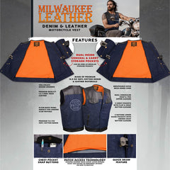 Milwaukee Leather MDM3004 Men's 'Brute' Concealed Snap Blue Denim and Black Leather Club Style Vest w/ Hidden Zipper
