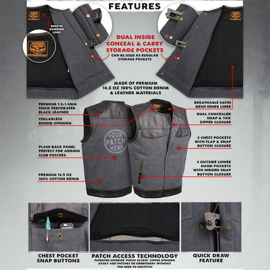 Milwaukee Leather MDM3005 Men's 'Brute' Concealed Snap Grey Denim and Black Perforated Leather Club Style Vest w/ Hidden Zipper