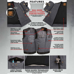 Milwaukee Leather MDM3005 Men's Brute Grey Denim w/ Black Perforated Leather Club Style Vest w/ Hidden Dual Closure