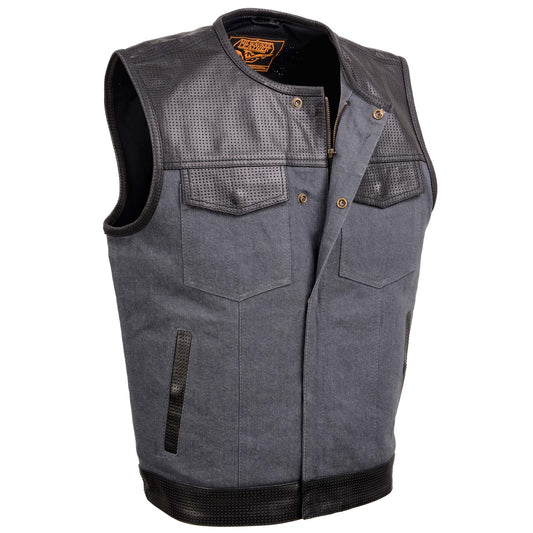 Milwaukee Leather MDM3005 Men's 'Brute' Concealed Snap Grey Denim and Black Perforated Leather Club Style Vest w/ Hidden Zipper