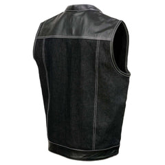 Milwaukee Leather MDM3006 Men's 'Brute' Concealed Snap Black Denim and Black Leather Club Style Vest w/ Hidden Zipper