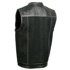 Milwaukee Leather MDM3006 Men's 'Brute' Concealed Snap Black Denim and Black Leather Club Style Vest w/ Hidden Zipper