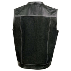 Milwaukee Leather MDM3006 Men's 'Brute' Concealed Snap Black Denim and Black Leather Club Style Vest w/ Hidden Zipper