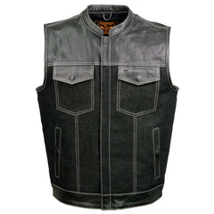 Milwaukee Leather MDM3006 Men's 'Brute' Concealed Snap Black Denim and Black Leather Club Style Vest w/ Hidden Zipper