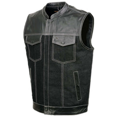Milwaukee Leather MDM3006 Men's 'Brute' Concealed Snap Black Denim and Black Leather Club Style Vest w/ Hidden Zipper