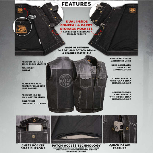 Milwaukee Leather MDM3006 Men's 'Brute' Concealed Snap Black Denim and Black Leather Club Style Vest w/ Hidden Zipper
