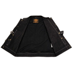 Milwaukee Leather MDM3006 Men's 'Brute' Concealed Snap Black Denim and Black Leather Club Style Vest w/ Hidden Zipper