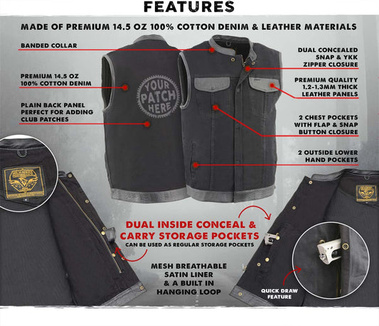 Milwaukee Leather MDM3010 Men's Black Denim Club Vest with Leather Trim and Hidden Zipper