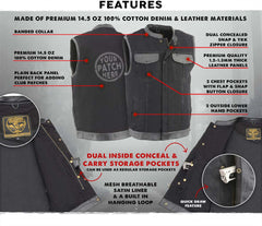 Milwaukee Leather MDM3010 Men's Black Denim Club Vest with Leather Trim and Hidden Zipper