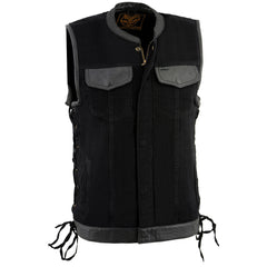 Milwaukee Leather MDM3011 Men's Black 'Hidden Zipper' Side Lace Motorcycle Rider Denim Vest w/ Leather Trim