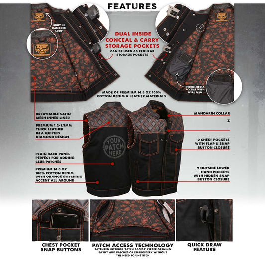 Milwaukee Leather MDM3037 Men’s Wrecker Club Vest – Black Denim & Leather, Diamond Quilt, Orange Stitch