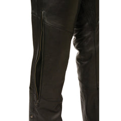 Milwaukee Leather Chaps for Men's Black Vented Premium Leather Motorcycle Chaps with Side Pocket-Stretch Thigh-ML1129