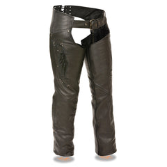 Milwaukee Leather Women's Classic Black Premium Leather Motorcycle Chaps with Black Wing Embroidery-ML1179