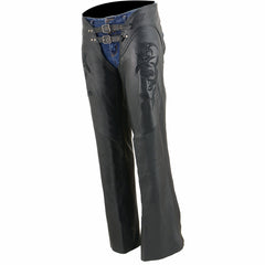 Milwaukee Leather ML1187 Ladies Black Leather Chaps with Reflective Tribal Embroidery