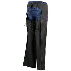 Milwaukee Leather ML1187 Ladies Black and Purple Leather Chaps with Reflective Tribal Embroidery