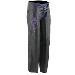 Milwaukee Leather ML1187 Ladies Black and Purple Leather Chaps with Reflective Tribal Embroidery