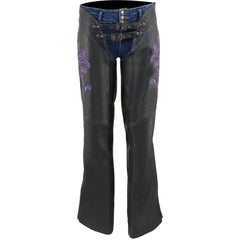 Milwaukee Leather ML1187 Ladies Black and Purple Leather Chaps with Reflective Tribal Embroidery