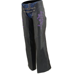 Milwaukee Leather ML1187 Ladies Black and Purple Leather Chaps with Reflective Tribal Embroidery