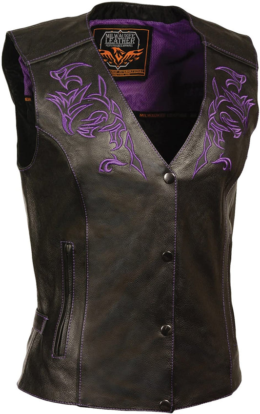 Milwaukee Leather ML1293 Women's  Black and Purple ‘Wing Studded’ Leather Vest