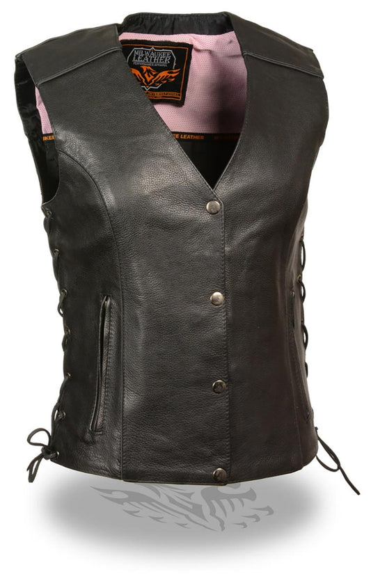 Milwaukee Leather ML1293 Women's  Black and Pink ‘Wing Studded’ Leather Vest