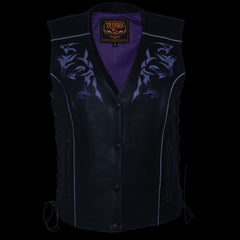 Milwaukee Leather ML1296 Women's Black/Purple Leather Side Laced Motorcycle Vest w/ Reflective Tribal