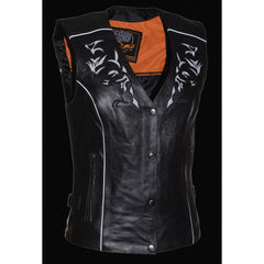 Milwaukee Leather ML1296 Women's Black Leather Side Laced Motorcycle Vest with Reflective Tribal