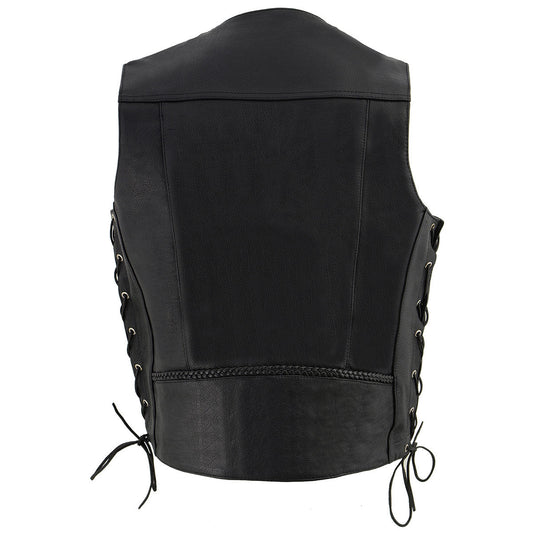 Milwaukee Leather ML1359 Men's Black Premium Leather Side Lace Motorcycle Rider Vest w/ Buffalo Nickel Snaps Closure