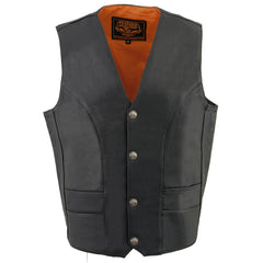 Milwaukee Leather ML1368 Men's Black Premium Leather V-Neck Motorcycle Rider Vest with Buffalo Nickel Snaps Closure