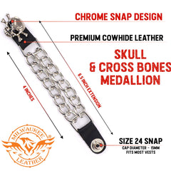 Milwaukee Leather MLA6004-Single Skull and Cross Bones Vest Extender Double Chrome Chains w/ Genuine Leather 4" Extension