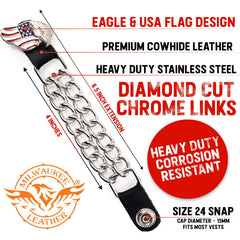 Milwaukee Leather Eagle Flag Medallion Vest Extender Double Chrome Chains Genuine Leather 6.5" Long 4-PC MLA6005-Single