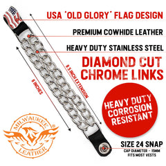 Milwaukee Leather American Flag Medallion Vest Extender - Double Chrome Chains Genuine Leather 8.5" Extension 4-PCS MLA6042SET