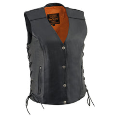 Milwaukee Leather MLL4500 Women's Classic Black Leather V-Neck Side Lace Motorcycle Rider Vest w/ Snap Closure