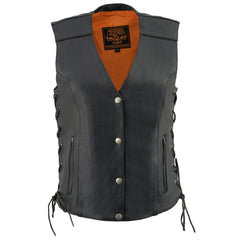 Milwaukee Leather MLL4500 Women's Classic Black Leather V-Neck Side Lace Motorcycle Rider Vest w/ Snap Closure