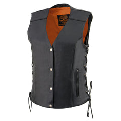 Milwaukee Leather MLL4500 Women's Classic Black Leather V-Neck Side Lace Motorcycle Rider Vest w/ Snap Closure
