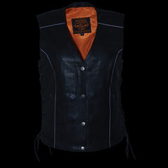 Milwaukee Leather MLL4500 Women's Classic Black Leather V-Neck Side Lace Motorcycle Rider Vest w/ Snap Closure