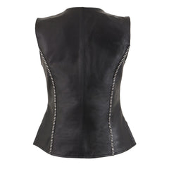 Milwaukee Leather MLL4502 Women's Black Leather V-Neck Zipper Vest with Rhinestone Bling Detail