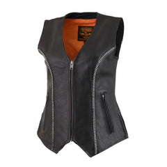 Milwaukee Leather MLL4502 Women's Black Leather V-Neck Zipper Vest with Rhinestone Bling Detail