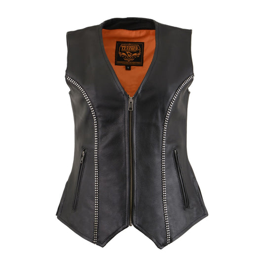Milwaukee Leather MLL4502 Women's Black Leather V-Neck Zipper Vest with Rhinestone Bling Detail