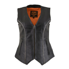 Milwaukee Leather MLL4502 Women's Black Leather V-Neck Zipper Vest with Rhinestone Bling Detail