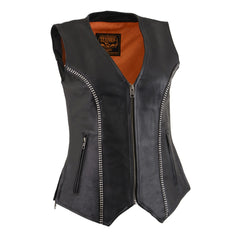 Milwaukee Leather MLL4502 Women's Black Leather V-Neck Zipper Vest with Rhinestone Bling Detail