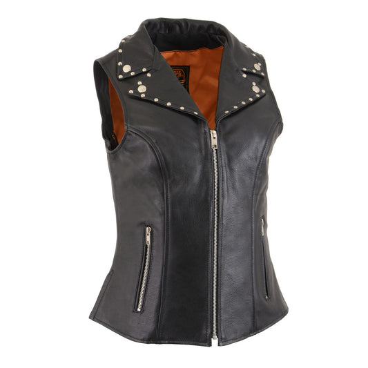 Milwaukee Leather MLL4503 Women's Black Leather Vest with Riveted Lapel Collar
