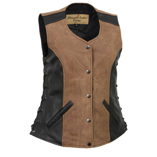 Milwaukee Leather MLL4508 Women's 'Trickster' 2 Tone Crazy Horse Brown/Black Leather Club Style Motorcycle Vest