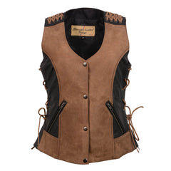 Milwaukee Leather MLL4509 Women's 'Smoocher'  2-Tone Crazy Horse Brown/Black Leather Club Style Motorcycle Vest
